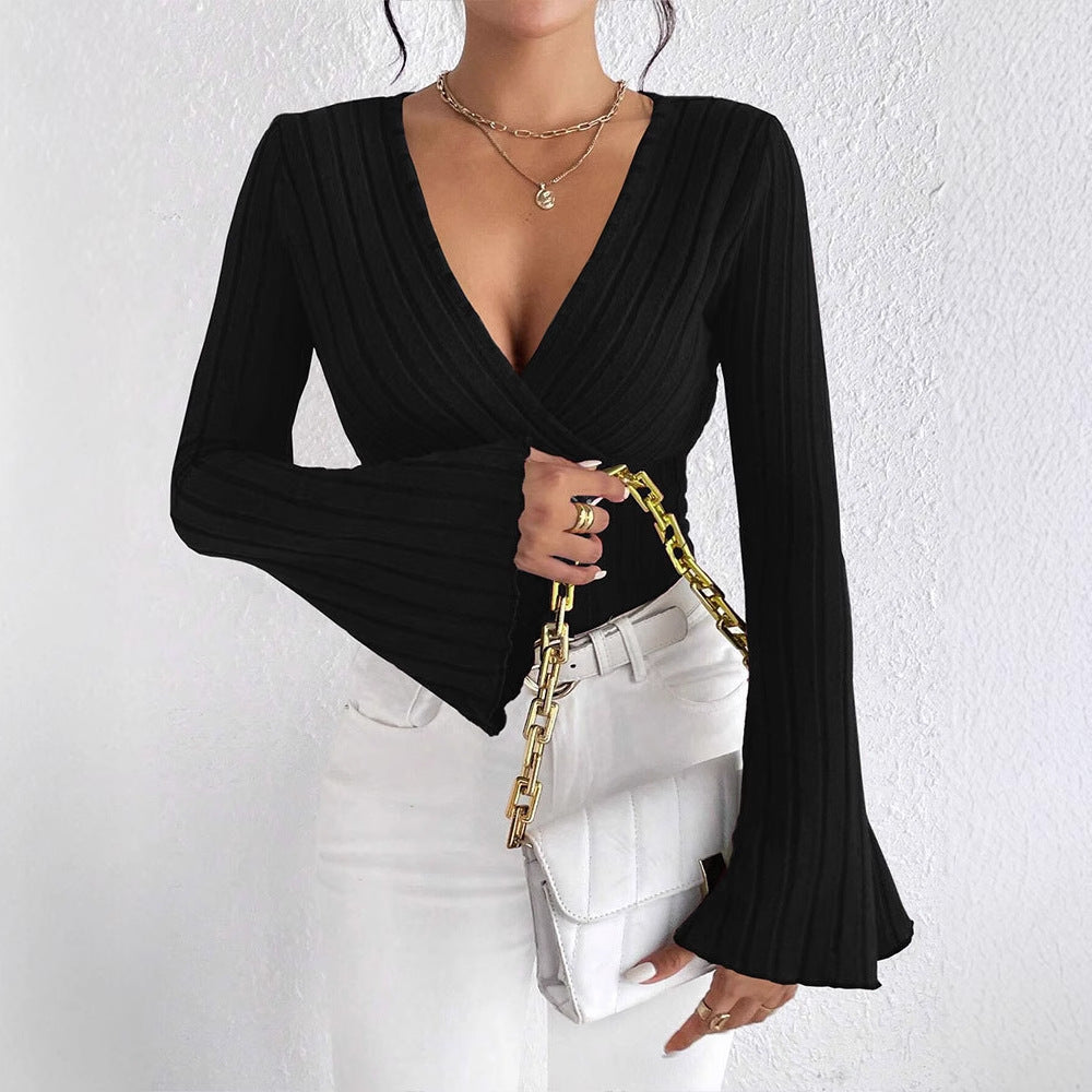 Damen elegantes Wickeloberteil mit Rippstrick und gedrilltem Design EB