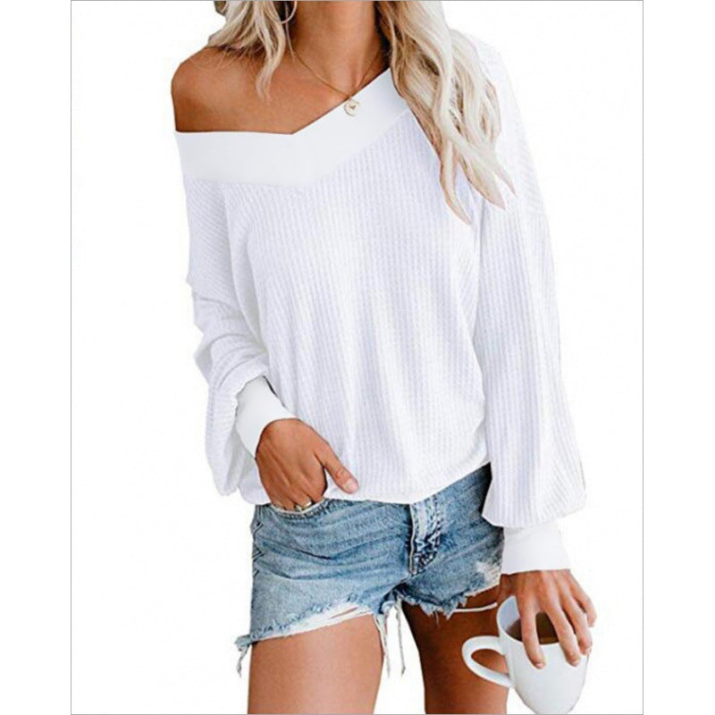 Damen Off‑Shoulder Waffelstrickpullover mit weitem Arm und elastischen Bündchen EB