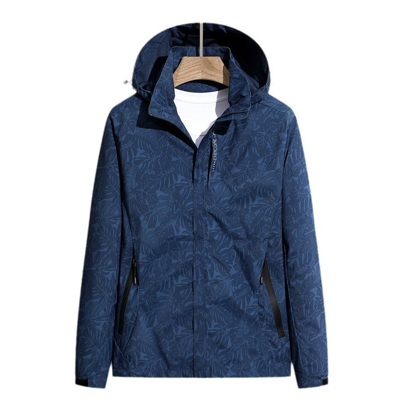 Damen leichte Packbare Regen- und Windjacke mit Kapuze, Blattmuster und verdeckten Reißverschlüssen EB