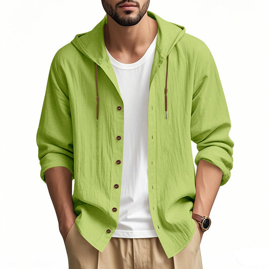 Herren nan leichtes Kapuzenhemdjacke aus Leinenoptik mit durchgehender Knopfleiste EB