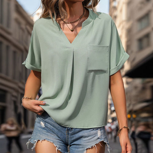 Damen Lässiges V-Ausschnitt Blusenshirt mit Brusttasche und umgeschlagenen Ärmeln EB