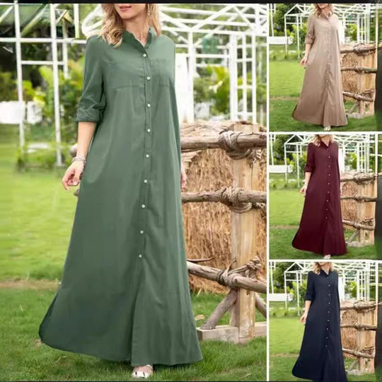 Damen Hemdblusenkleid mit verdecktem Knopfverschluss und seitlichen Taschen EB