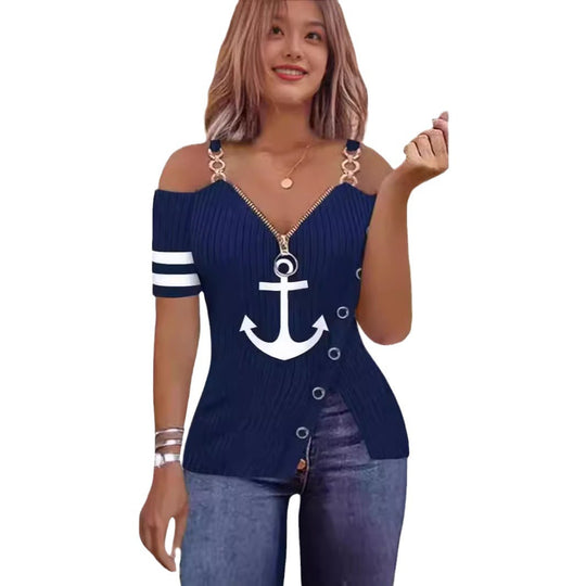 Damen Off-Shoulder Oberteil mit maritimem Motiv und dekorativen Knöpfen EB