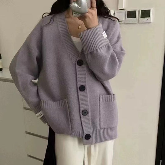 Damen Grob gestrickter Cardigan mit großen Taschen und tiefem V-Ausschnitt EB