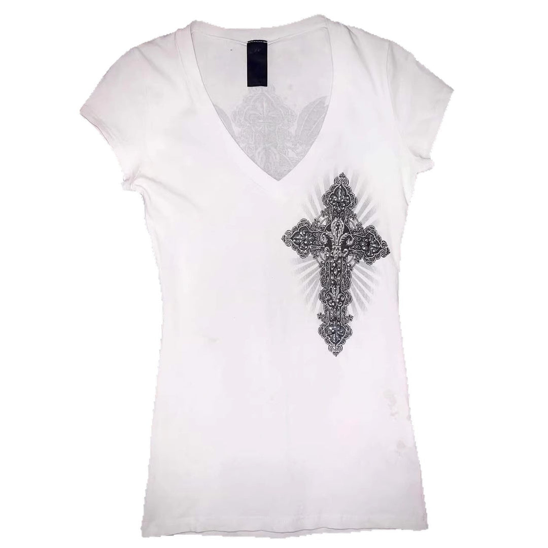 Damen V-Ausschnitt T-Shirt mit kunstvollem Kreuzdesign EB