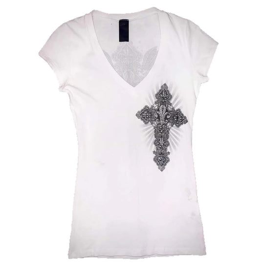 Damen V-Ausschnitt T-Shirt mit kunstvollem Kreuzdesign EB