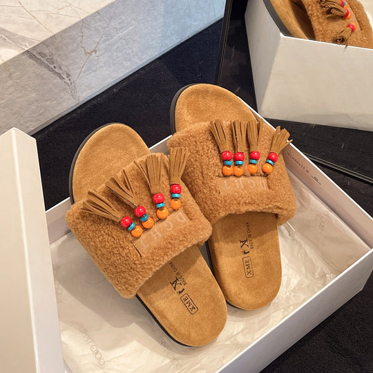 Damen Flauschige Pantoletten mit Boho-Design und Fransen EB
