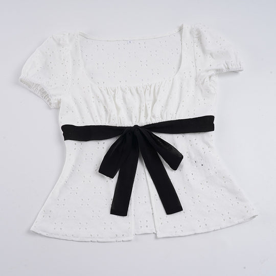 Damenbluse mit Raffungen und dekorativem Bindeband EB
