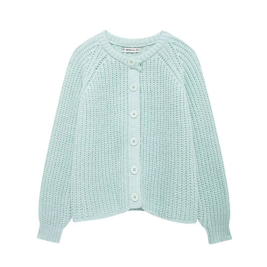Damen nan grob gestrickte Raglan-Cardigan mit Ballonärmeln und durchgehender Knopfleiste EB