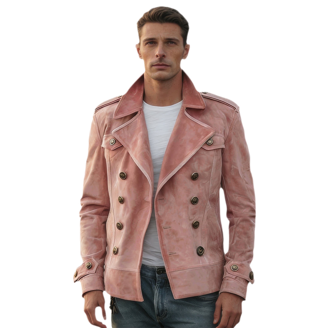 Herren nan doppeltreihige Vintage-Lederjacke mit Reverskragen und Schulterpatten EB