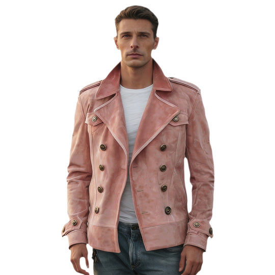 Herren nan doppeltreihige Vintage-Lederjacke mit Reverskragen und Schulterpatten EB
