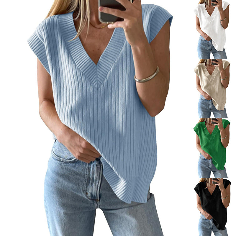 Damen lässiges V-Ausschnitt Oberteil aus Rippstrickmaterial EB