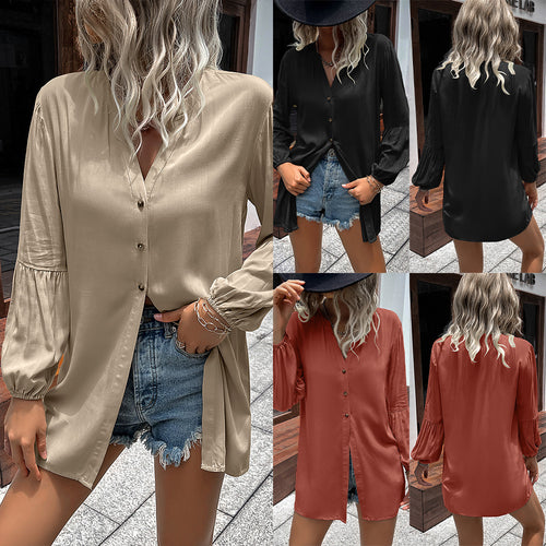 Damen lässige Bluse mit V-Ausschnitt und Ballonärmeln EB
