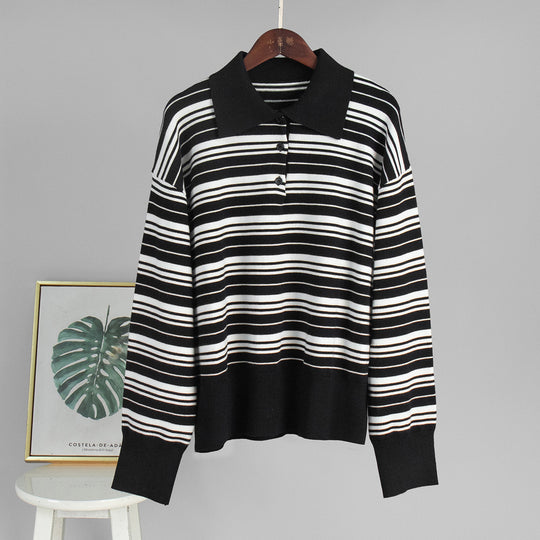 Damen Gestreifter Polo-Pullover mit Knopfleiste und langem Schnitt EB
