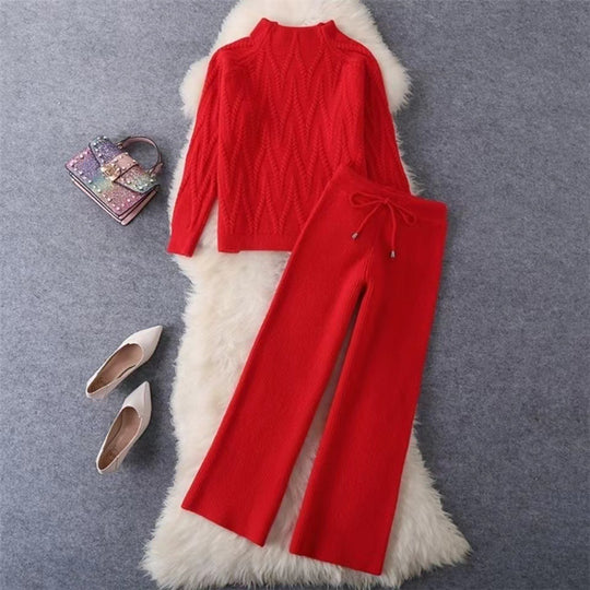 Damen Set aus Strickpullover und Weit geschnittenen Hose EB