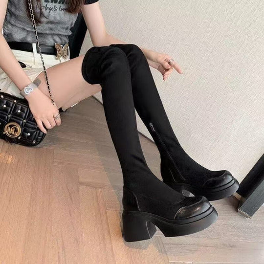 Damen Overknee-Stiefel mit elegantem Blockabsatz und flexiblem Reißverschluss EB
