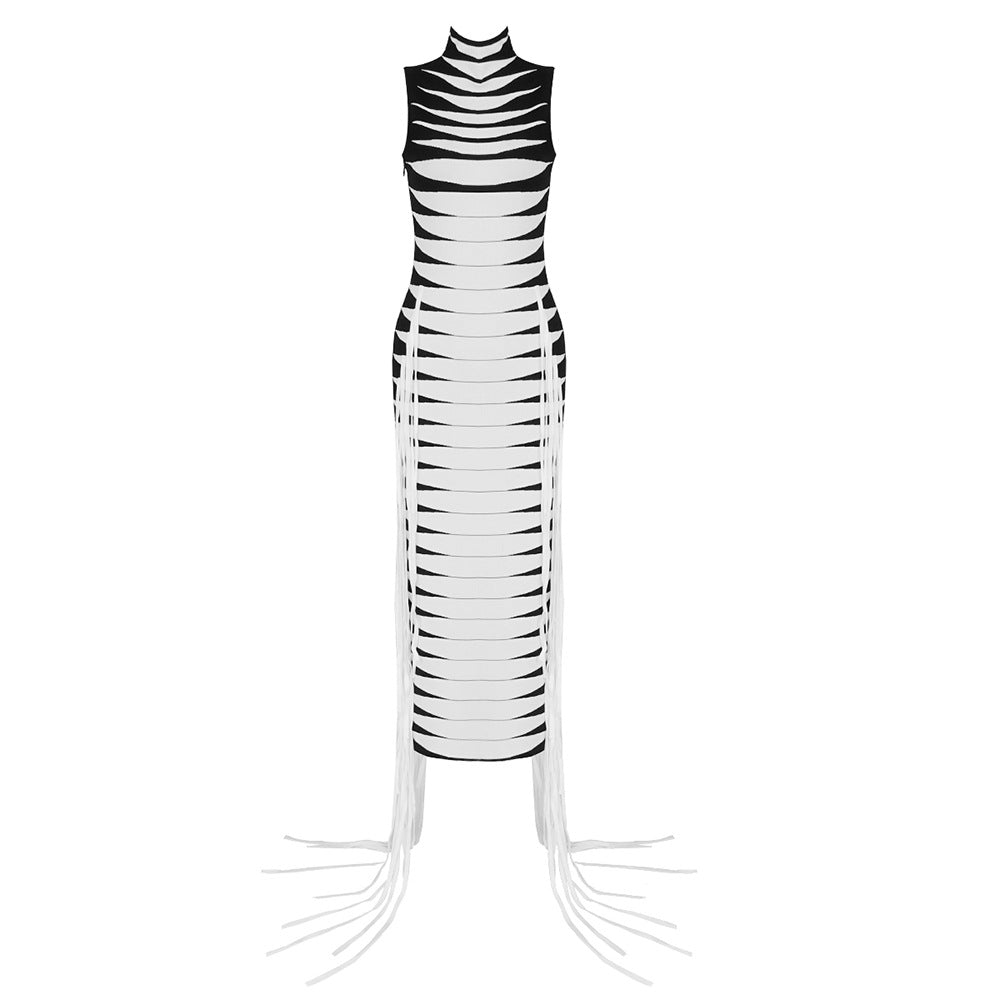 Damen körperbetontes Maxikleid mit Fransen und grafischem Design EB