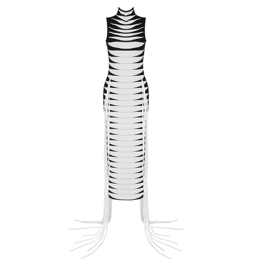 Damen körperbetontes Maxikleid mit Fransen und grafischem Design EB