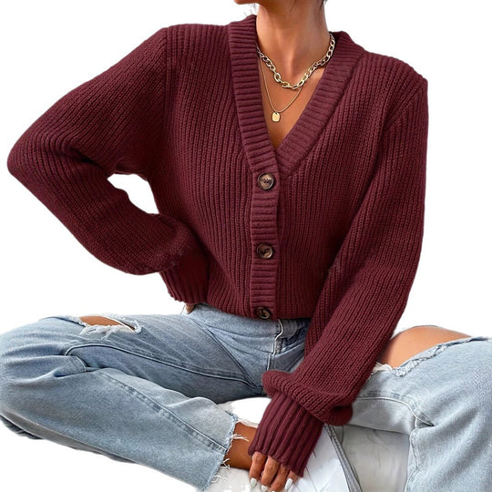 Damen bequeme Strickjacke mit schickem V-Ausschnitt EB