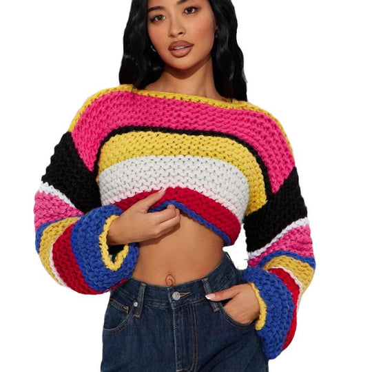 Damen Buntes Cropped Strickoberteil EB