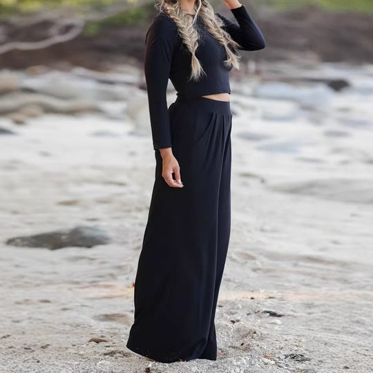 Damen lässiges Set aus cropped Oberteil und weiten Hose EB
