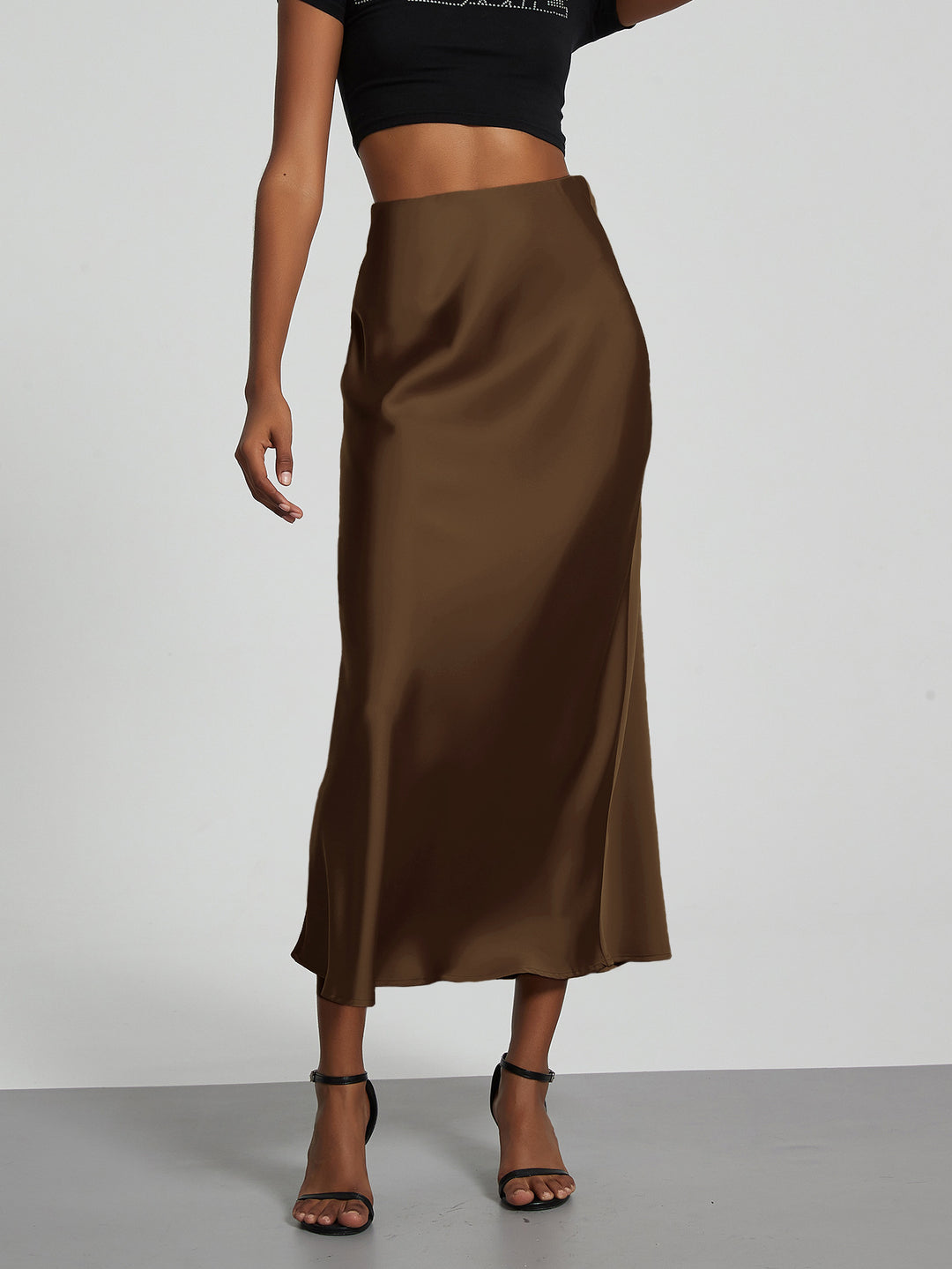 Damen Stilvolle Satin-Stretchrock mit hohem Bund und fließendem Schnitt EB