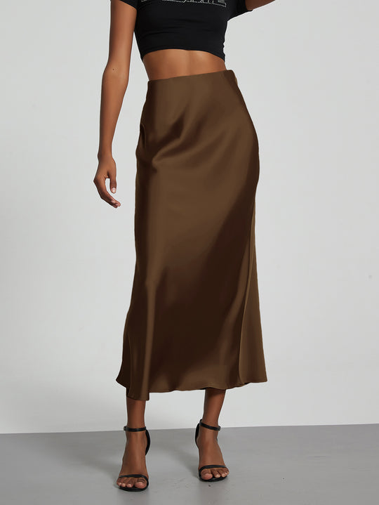 Damen Stilvolle Satin-Stretchrock mit hohem Bund und fließendem Schnitt EB