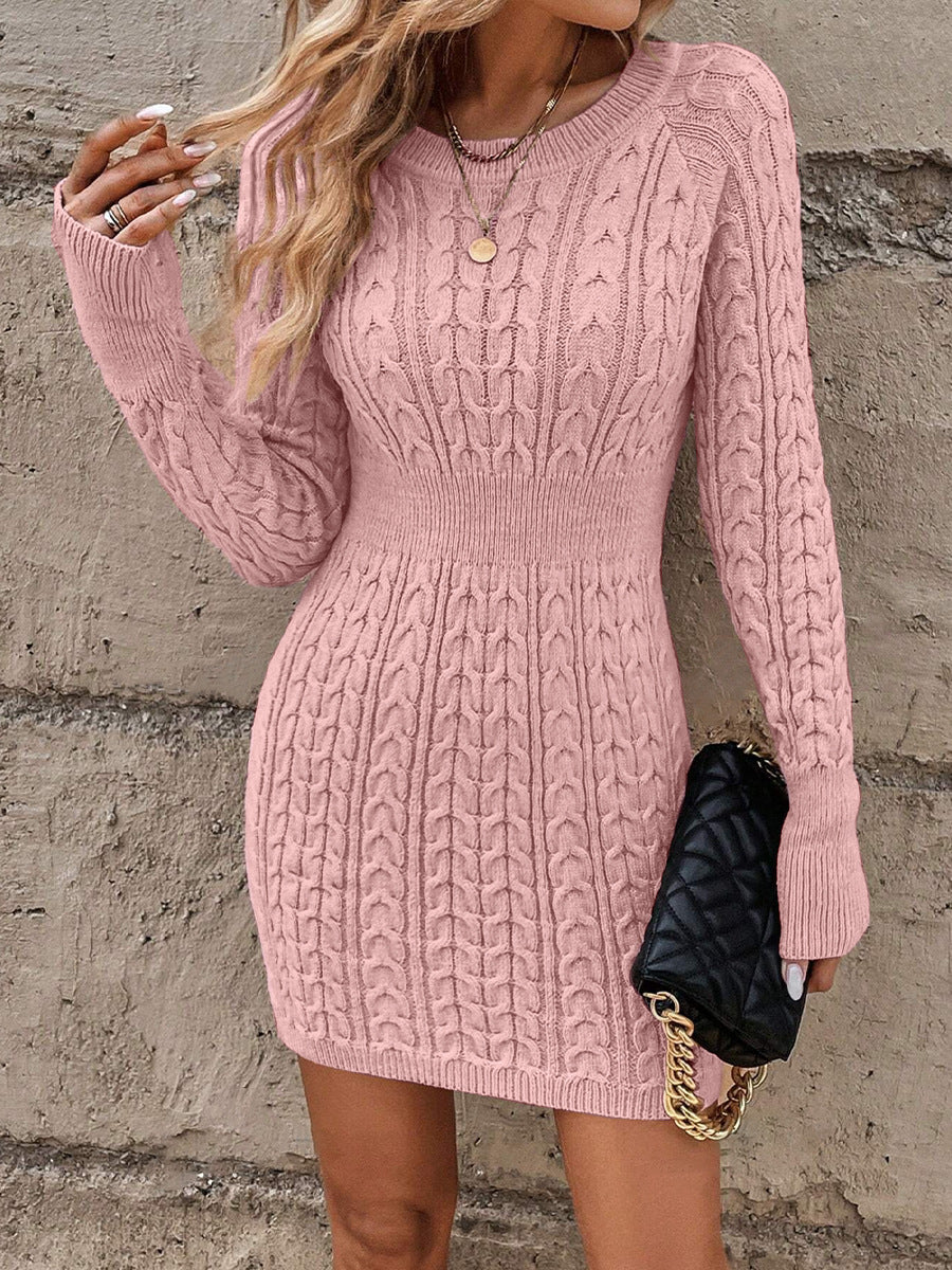 Damen Strickkleid mit Modernem Zopfdesign und Langen Ärmeln EB