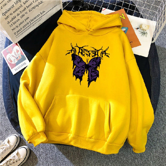 Damen nan Oversize-Kapuzenpullover mit gothischer Schmetterlings-Illustration und Kängurutasche EB