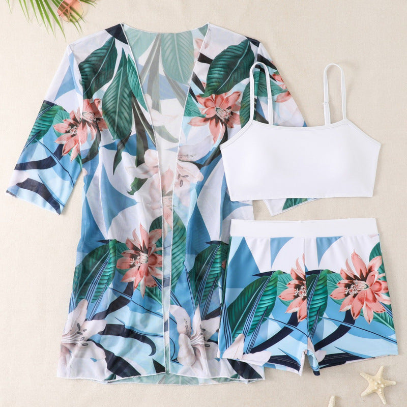 Damen Strandset mit floralem Kimono, Oberteil und Shorts EB