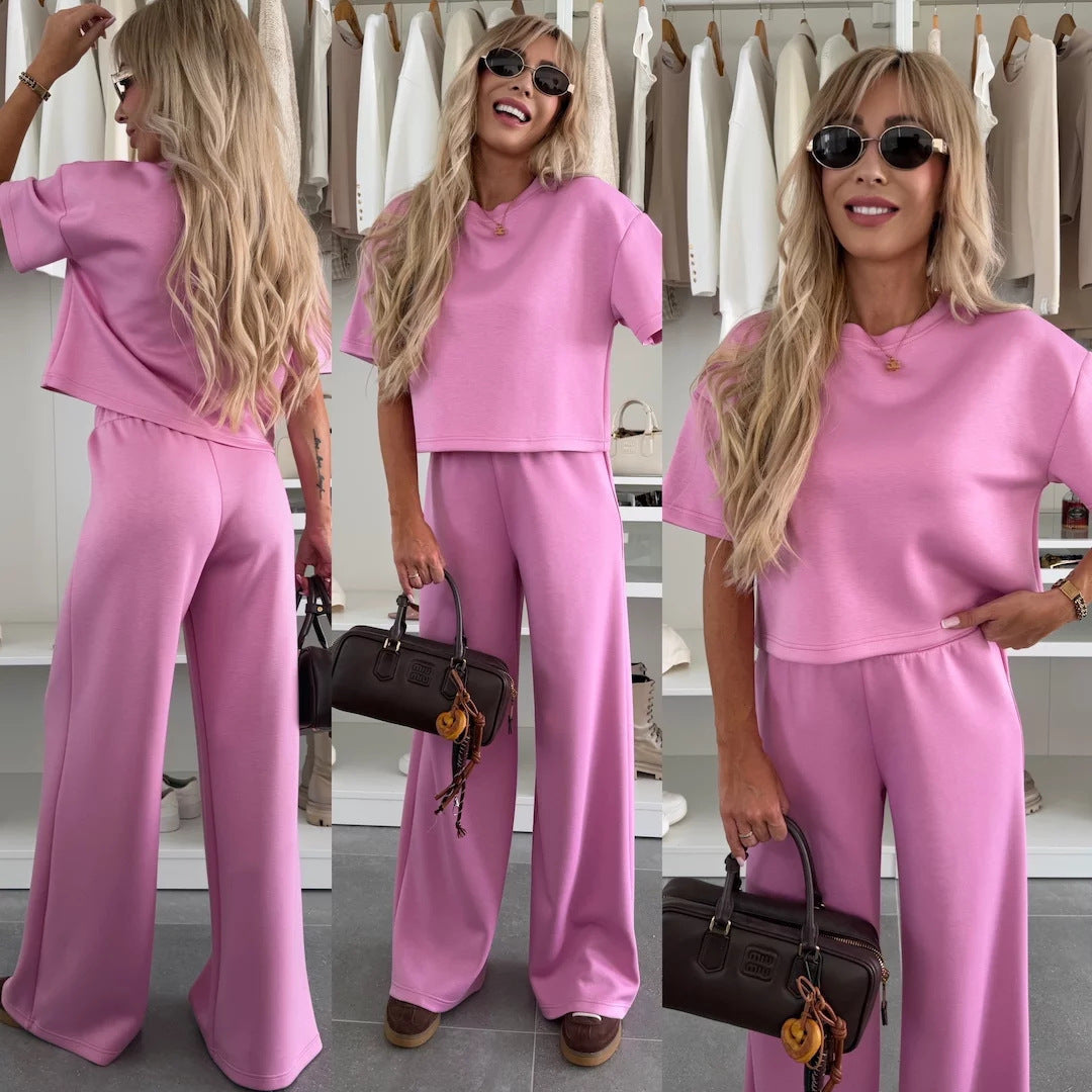 Damen Loungewear-Zweiteiler mit Cropped-Boxy-Shirt und fließender High-Waist Palazzo-Hose EB