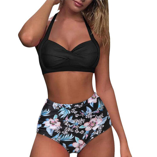 Damen Hochtaillierter Karobikini mit gerafftem Oberteil EB