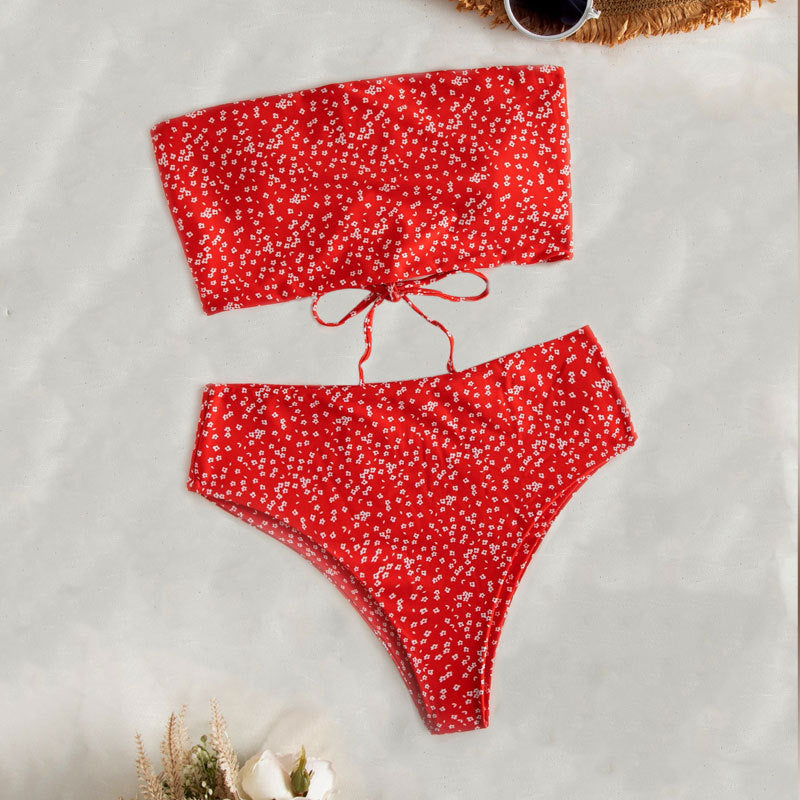 Damen Bandeau-Bikini-Set mit hohem Bund und raffiniertem Bindedetail EB