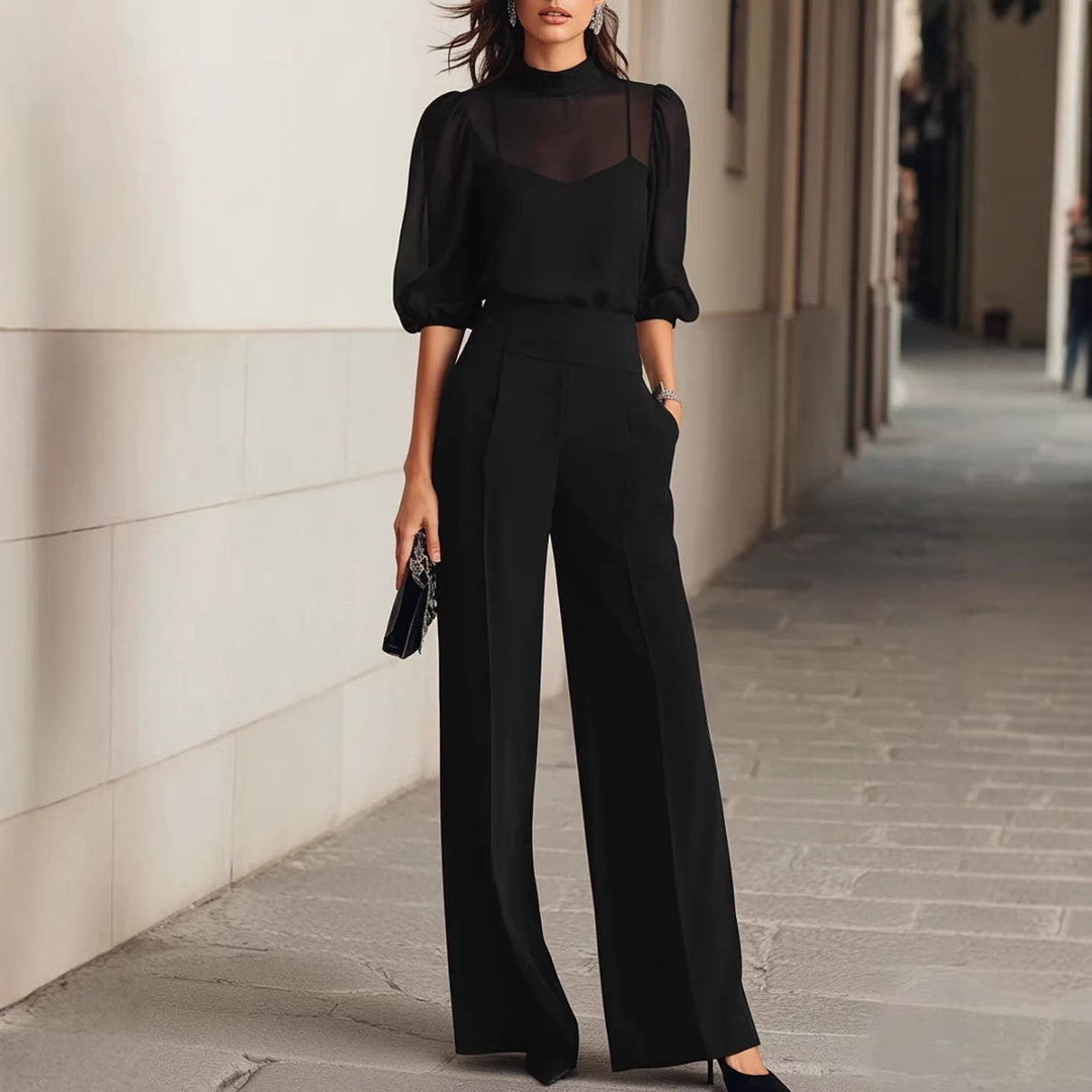 Damen elegantes Blusenset mit weiten Beinen und transparenten Ärmeln EB