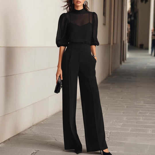 Damen elegantes Blusenset mit weiten Beinen und transparenten Ärmeln EB
