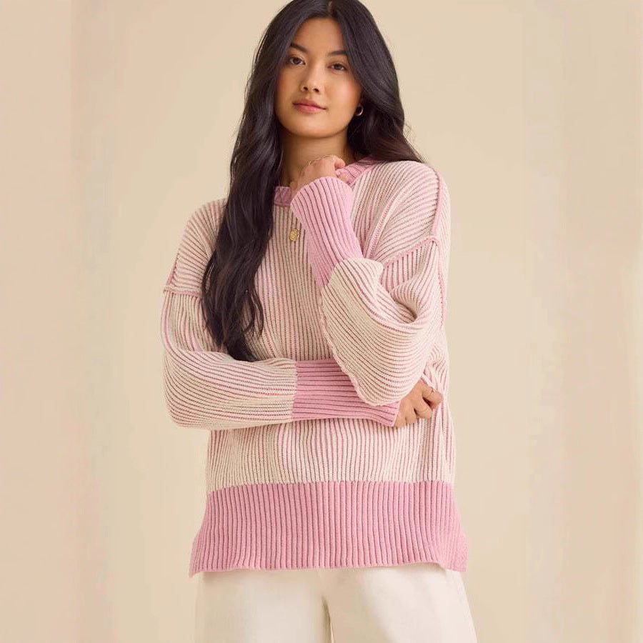 Damen lässiger Strickpullover mit modernem Rippenmuster und überschnittenen Schultern EB
