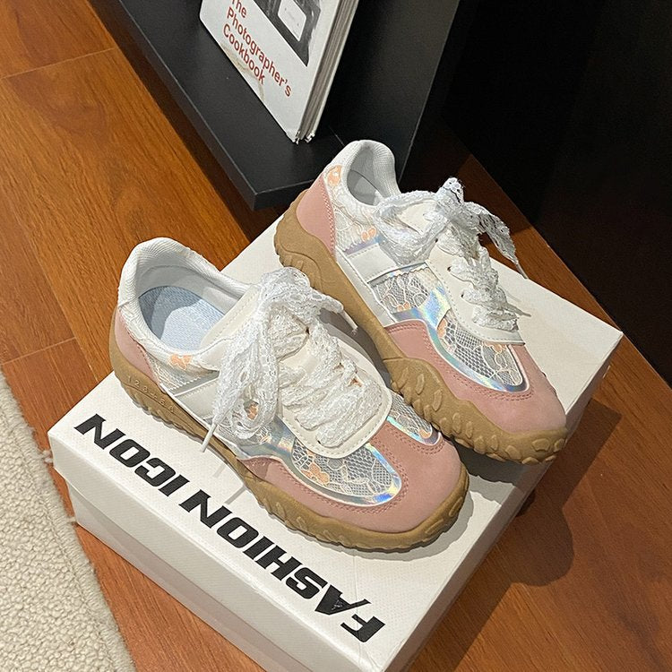 Damen modische Sneakers mit eleganter Spitze und transparenter Schnürung EB