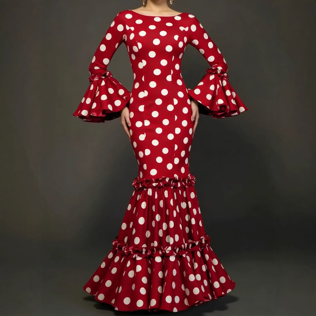 Damen Elegantes Maxikleid mit auffälligem Volant und Polka-Dots EB