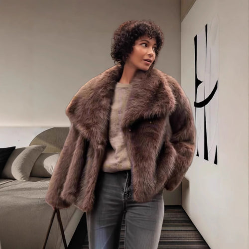 Damen Luxuriöse Kunstpelzjacke mit breitem Kragen EB