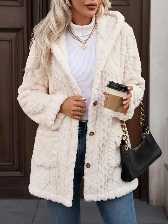 Damen angenehme und weiche Plüschjacke mit Kapuze und Taschen EB