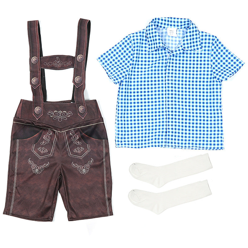 Damen nan traditionelle Trachtenlederhose mit verstellbaren Trägern und kariertem Blusen-Set EB