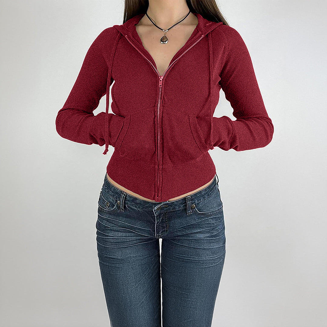 Damen nan schmal geschnittene Feinstrick-Hoodiejacke mit Metallzipper, Kängurutaschen und Daumenlochbündchen EB