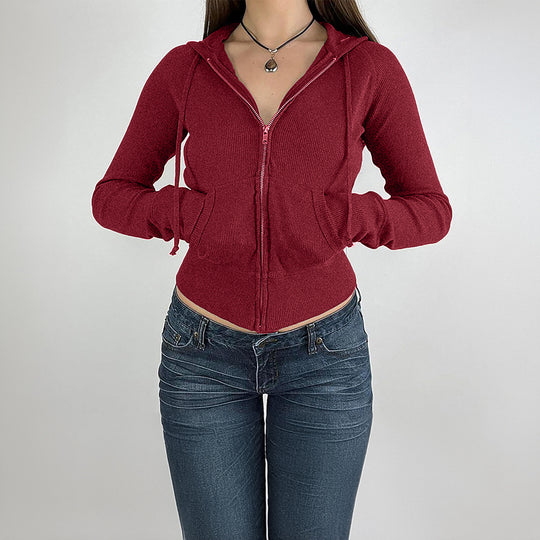 Damen nan schmal geschnittene Feinstrick-Hoodiejacke mit Metallzipper, Kängurutaschen und Daumenlochbündchen EB