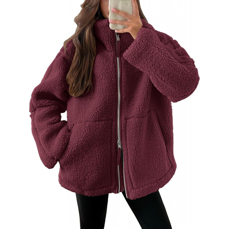 Damen Kuschelige Teddyfelljacke mit hohen Kragen und Reißverschluss EB