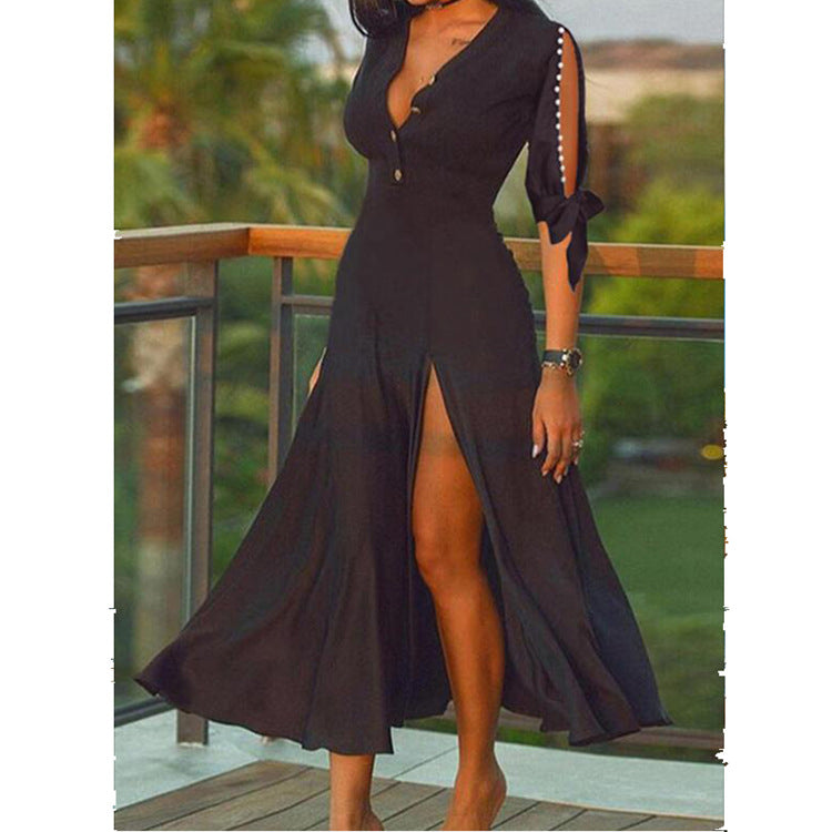 Damen Maxikleid mit elegantem V-Ausschnitt und hohem Schlitz Heidi-Mode