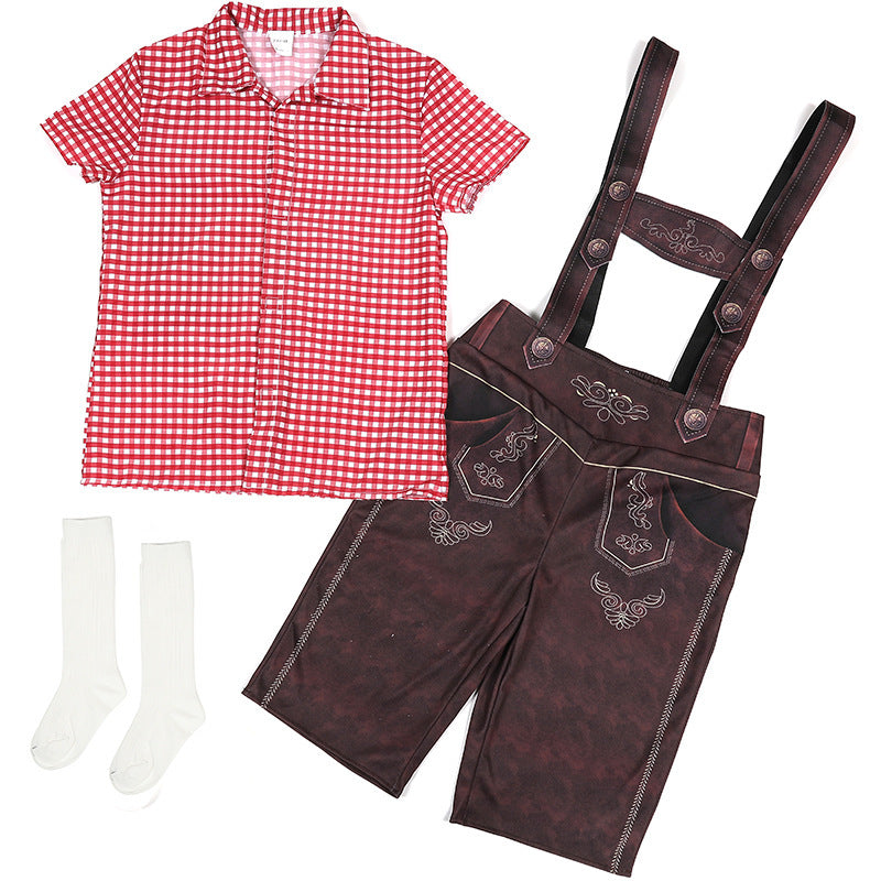 Damen nan traditionelle Trachtenlederhose mit verstellbaren Trägern und kariertem Blusen-Set EB