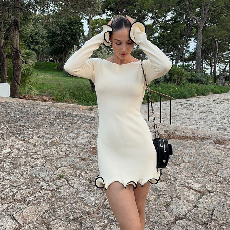 Damen figurbetontes Mini-Kleid mit kreativen Rüschen und langen Ärmeln EB