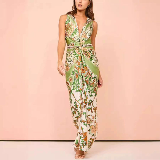 Damen Maxikleid mit floralem Muster und elegantem Knotendetail EB