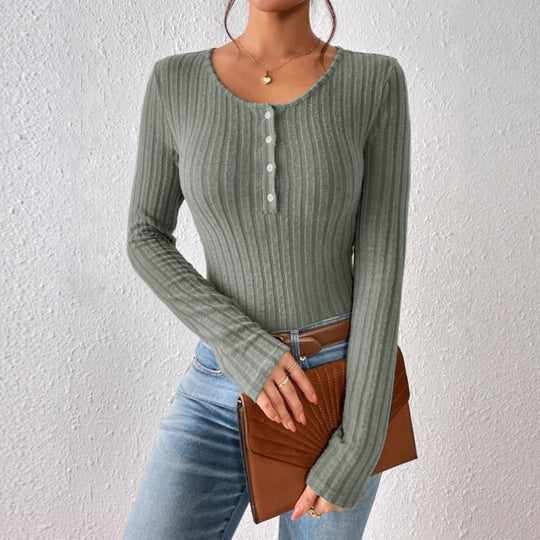 Damen Gerippter Feinstrick-Body mit Henley-Knopfleiste und taillierter Passform EB
