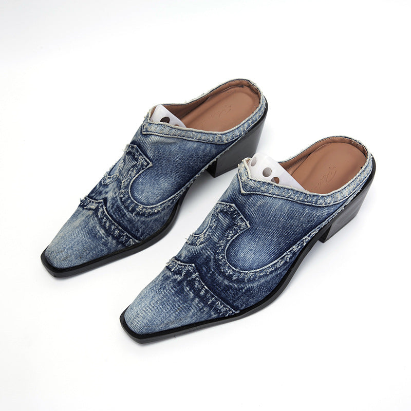 Damen stilvolle Jeans-Pantoletten mit spitzem Zehenbereich und Blockabsatz EB
